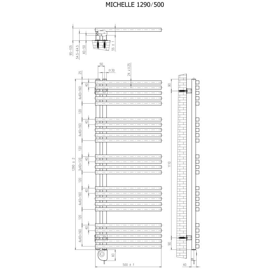 Vertaduro - Badrumsradiator med termostat MICHELLE 600 W 129 x 50 cm antracit
