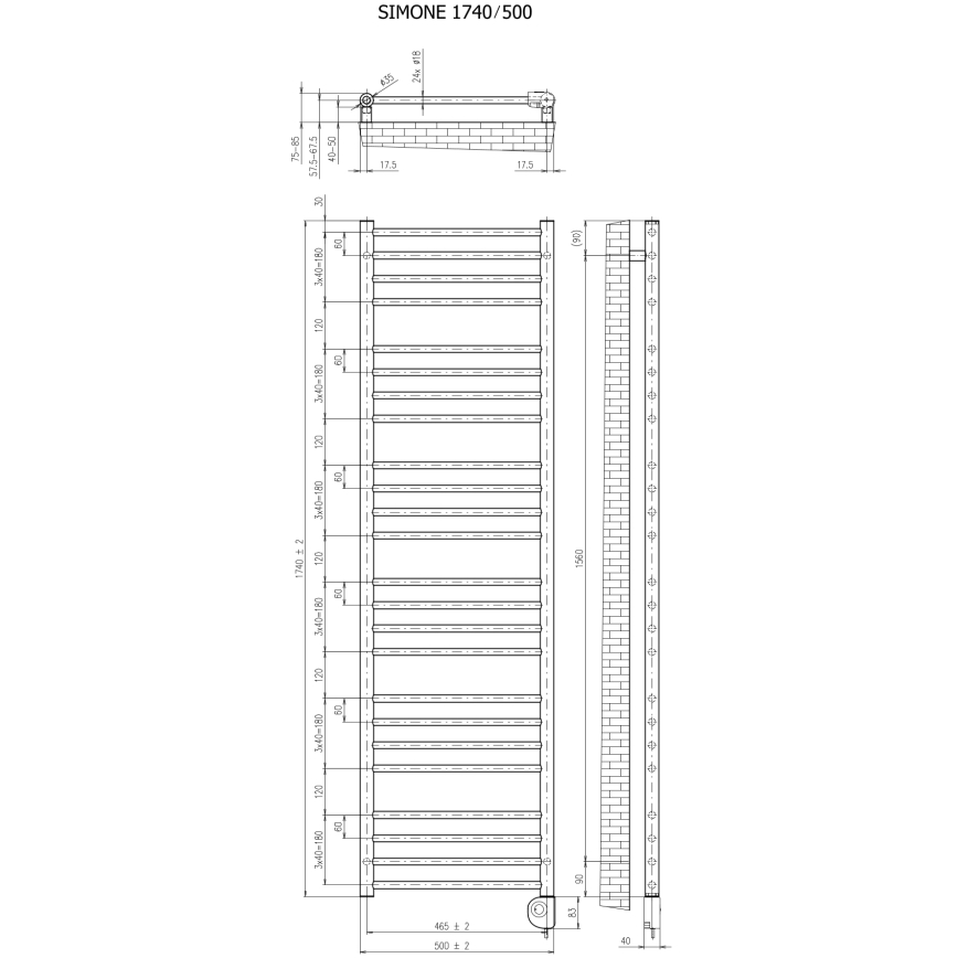 Vertaduro - Badrumsradiator med termostat SIMONE 600W 174x50 cm antracit