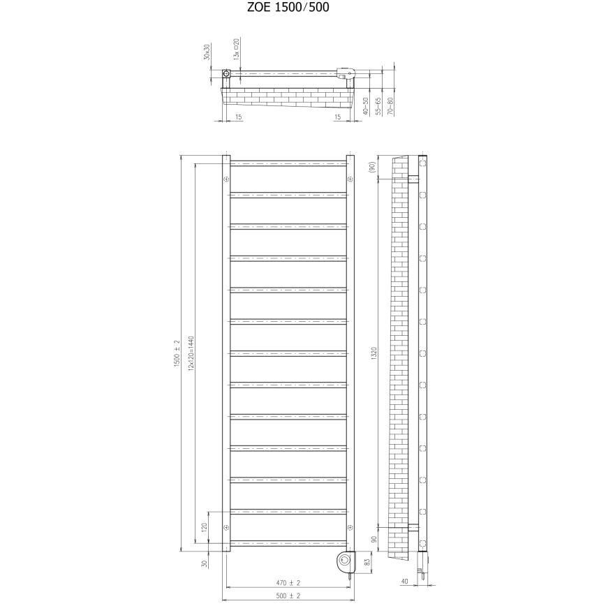 Vertaduro - Badrumsradiator ZOE med termostat, 400 W, 150 x 50 cm, svart