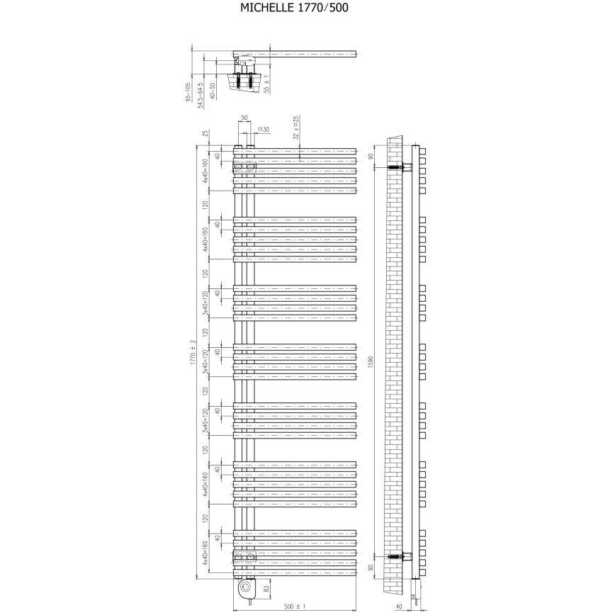 Vertaduro - Handdukstork med termostat MICHELLE 900 W, 177 x 50 cm, vit