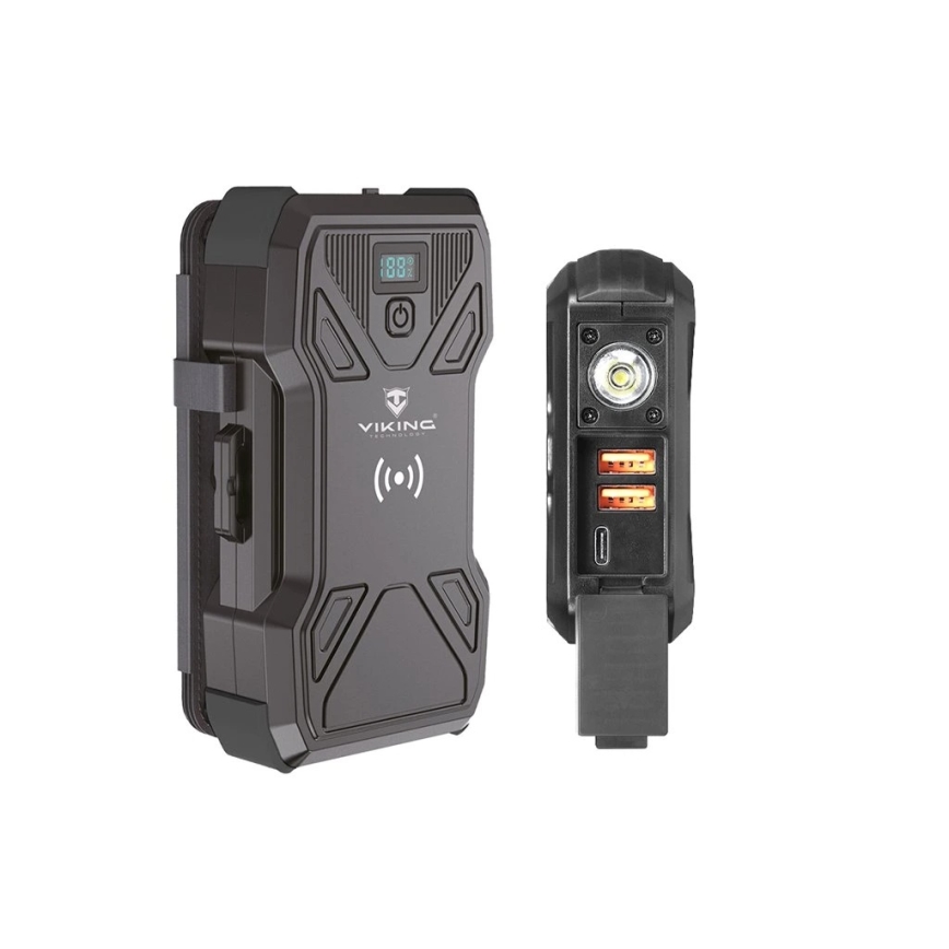 Viking - Powerbank med LED-ficklampa, trådlös laddning och solcellspanel Power Delivery 22,5W/30000 mAh