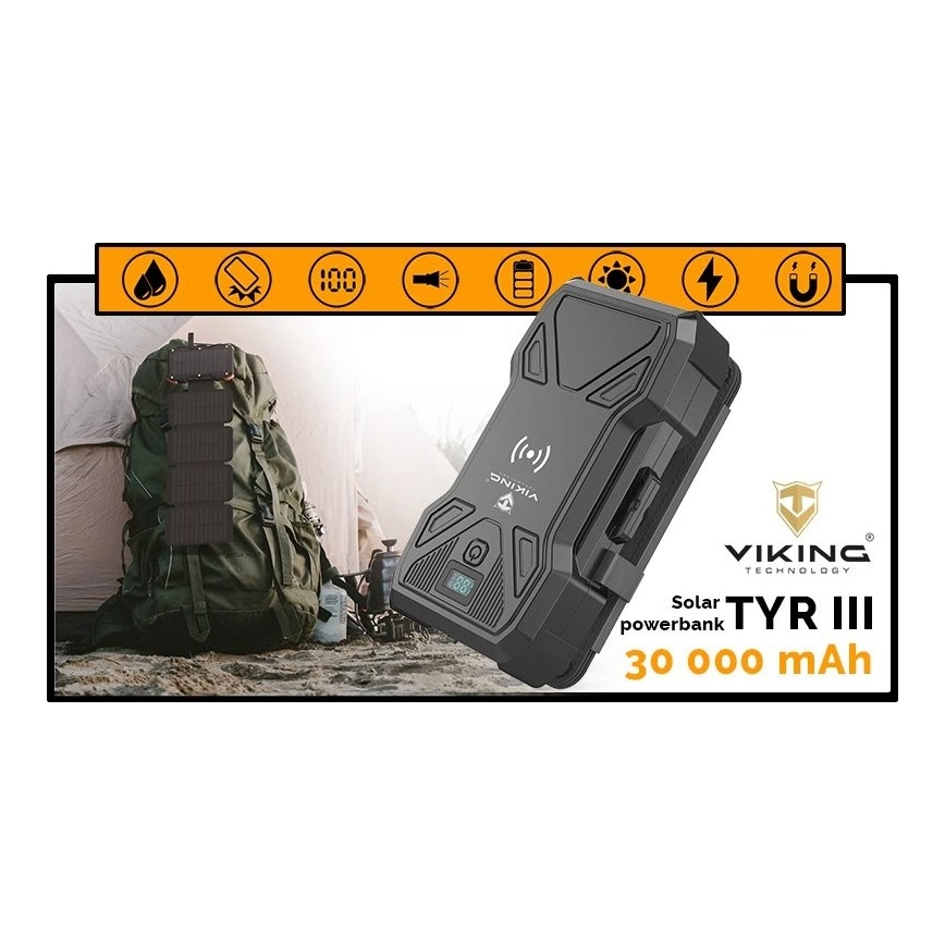 Viking - Powerbank med LED-ficklampa, trådlös laddning och solcellspanel Power Delivery 22,5W/30000 mAh