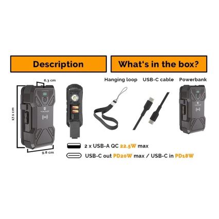 Viking - Powerbank med LED-ficklampa, trådlös laddning och solcellspanel Power Delivery 22,5W/30000 mAh