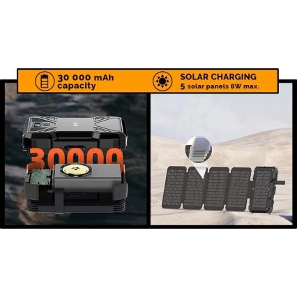 Viking - Powerbank med LED-ficklampa, trådlös laddning och solcellspanel Power Delivery 22,5W/30000 mAh