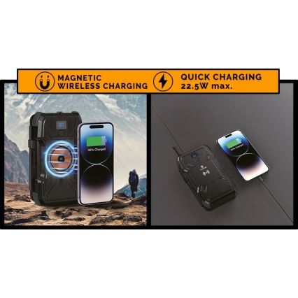 Viking - Powerbank med LED-ficklampa, trådlös laddning och solcellspanel Power Delivery 22,5W/30000 mAh