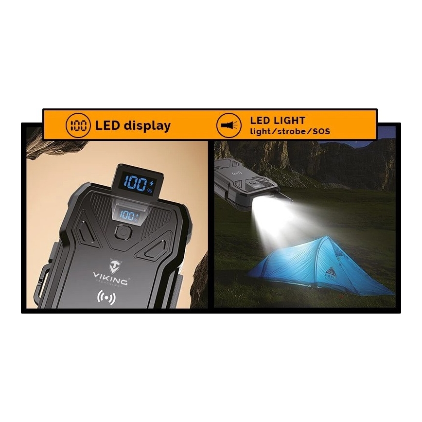 Viking - Powerbank med LED-ficklampa, trådlös laddning och solcellspanel Power Delivery 22,5W/30000 mAh