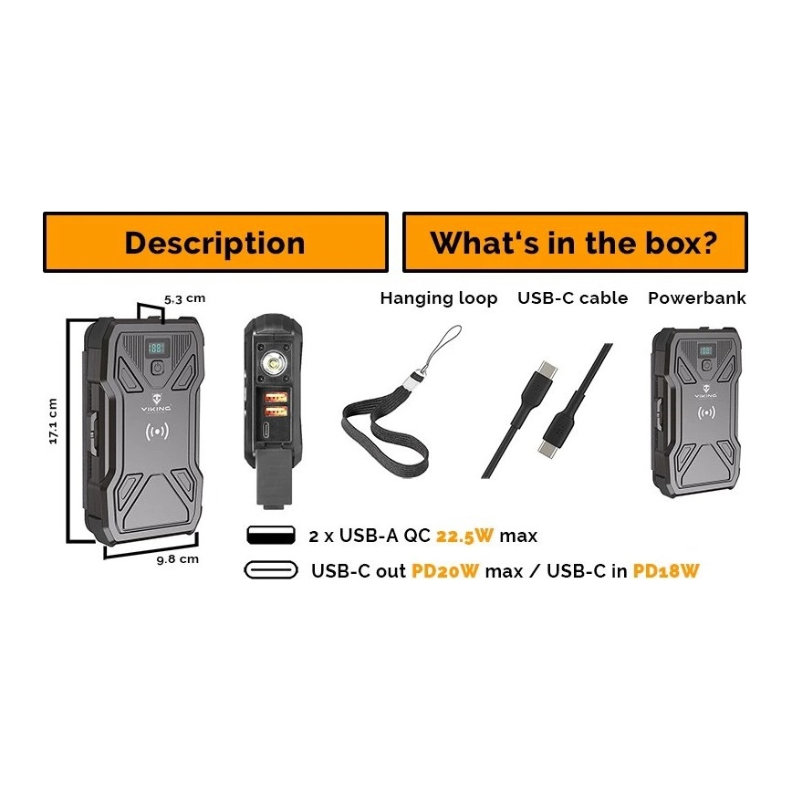 Viking - powerbank med LED-ficklampa, trådlös laddning och solpanel, Power Delivery 22,5 W / 20 000 mAh