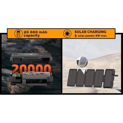 Viking - powerbank med LED-ficklampa, trådlös laddning och solpanel, Power Delivery 22,5 W / 20 000 mAh