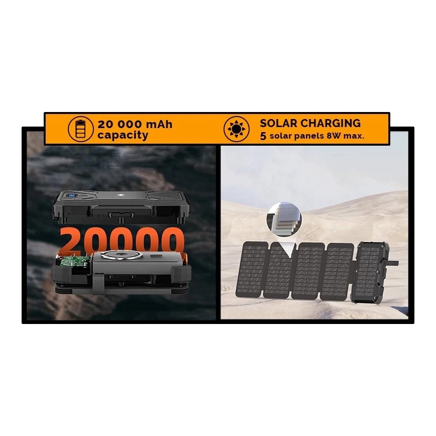 Viking - powerbank med LED-ficklampa, trådlös laddning och solpanel, Power Delivery 22,5 W / 20 000 mAh