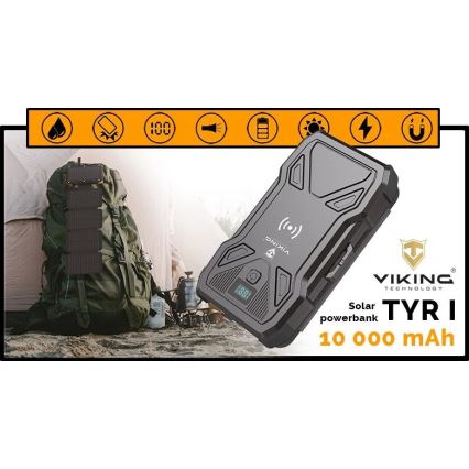 Viking - powerbank med LED-ficklampa, trådlös laddning och solpanel Power Delivery 22,5W/10000 mAh
