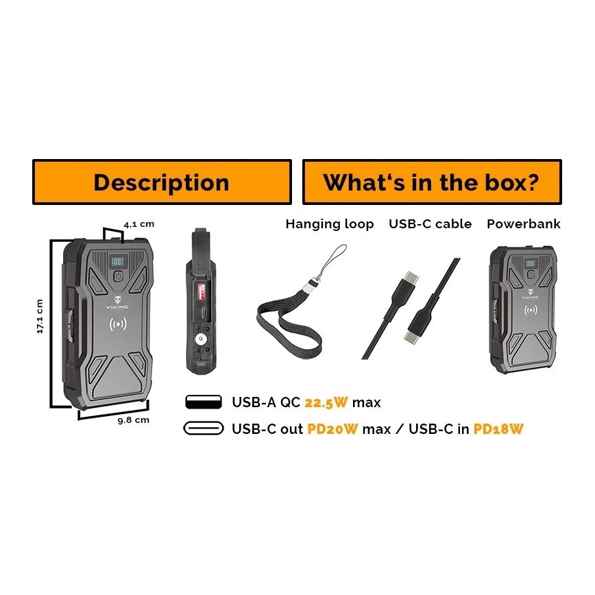 Viking - powerbank med LED-ficklampa, trådlös laddning och solpanel Power Delivery 22,5W/10000 mAh