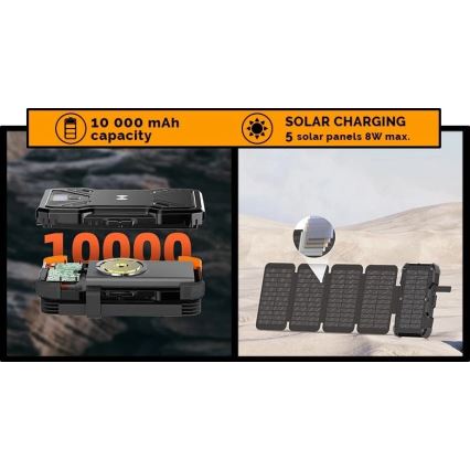 Viking - powerbank med LED-ficklampa, trådlös laddning och solpanel Power Delivery 22,5W/10000 mAh