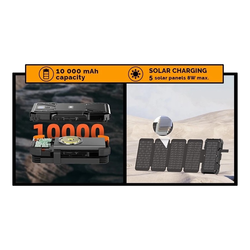 Viking - powerbank med LED-ficklampa, trådlös laddning och solpanel Power Delivery 22,5W/10000 mAh