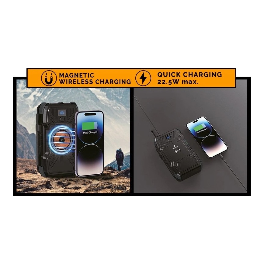 Viking - powerbank med LED-ficklampa, trådlös laddning och solpanel Power Delivery 22,5W/10000 mAh