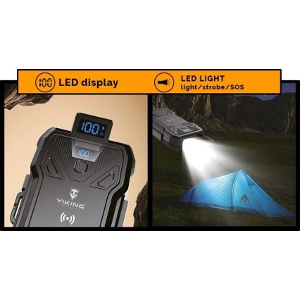 Viking - powerbank med LED-ficklampa, trådlös laddning och solpanel Power Delivery 22,5W/10000 mAh