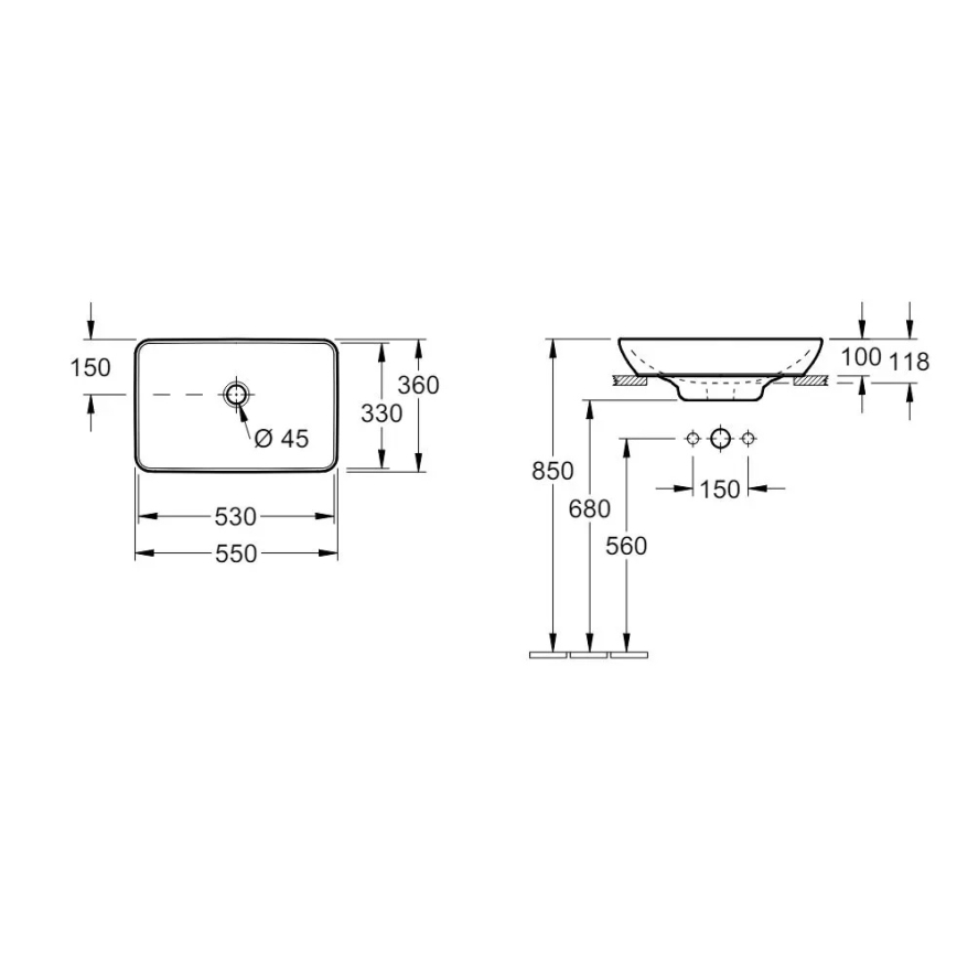 Villeroy & Boch 41135501 - Tvättställ för bänkskiva VENTICELLO 55,5x36 cm keramik/vit