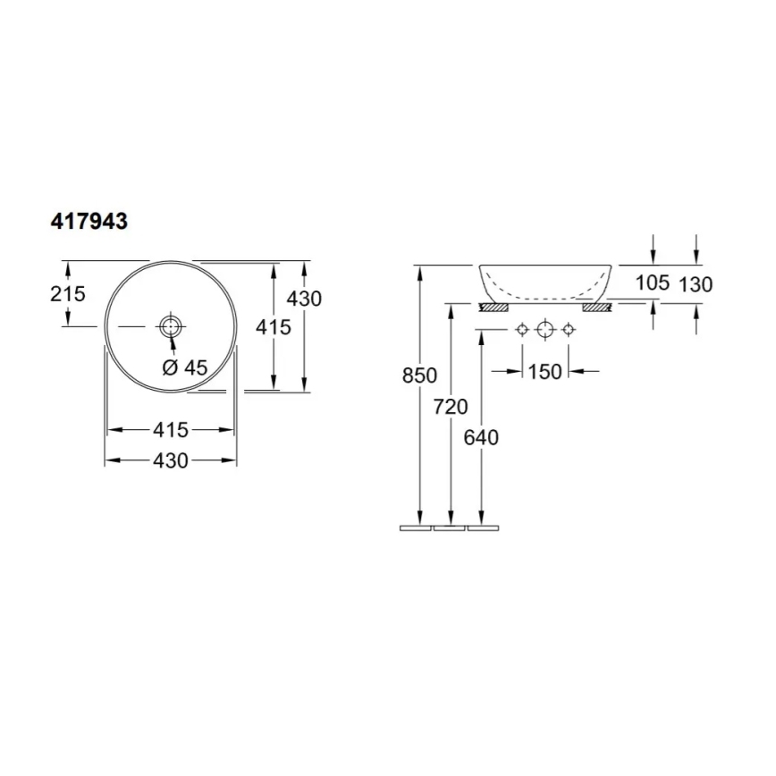 Villeroy & Boch 417943R1 - Handfat för bänkskiva ARTIS Ø 43 cm keramik/vit