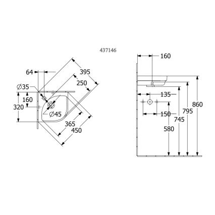 Villeroy & Boch 43714601 - Vägghängt hörn-tvättställ SUBWAY 3.0 32x32 cm keramik/vit