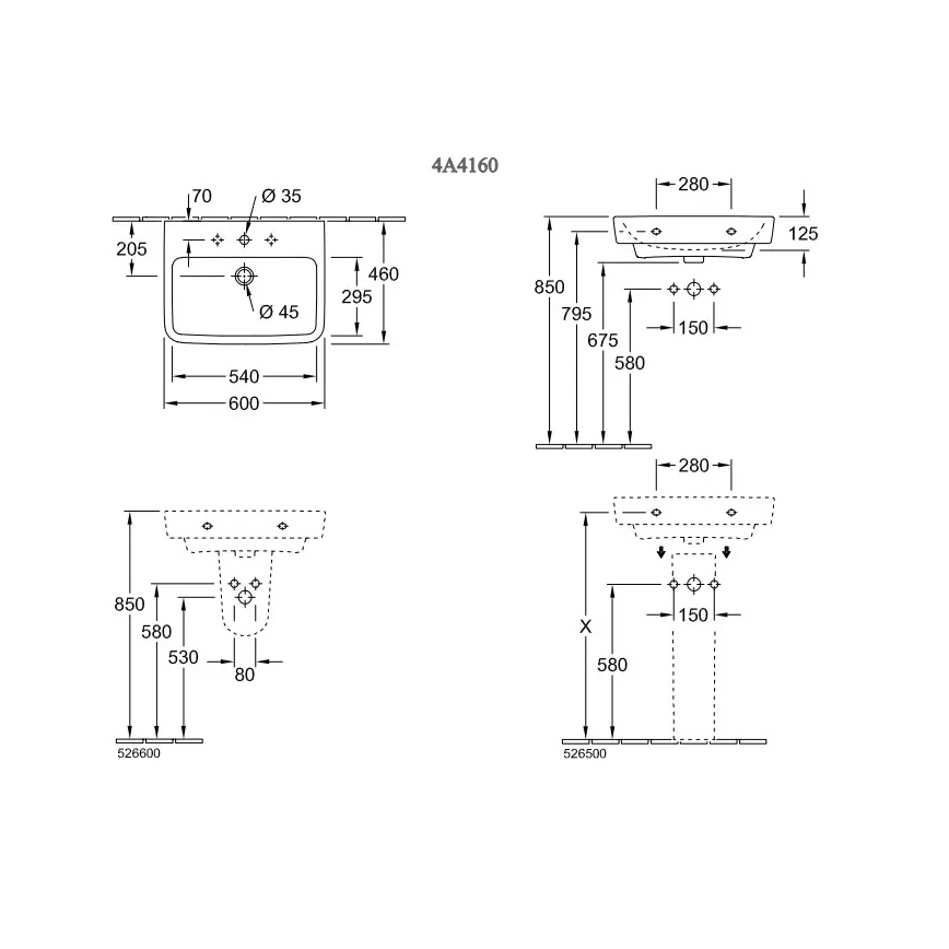 Villeroy & Boch 4A416001 - Vägghängt tvättställ O.NOVO 60x46 cm keramik/vit