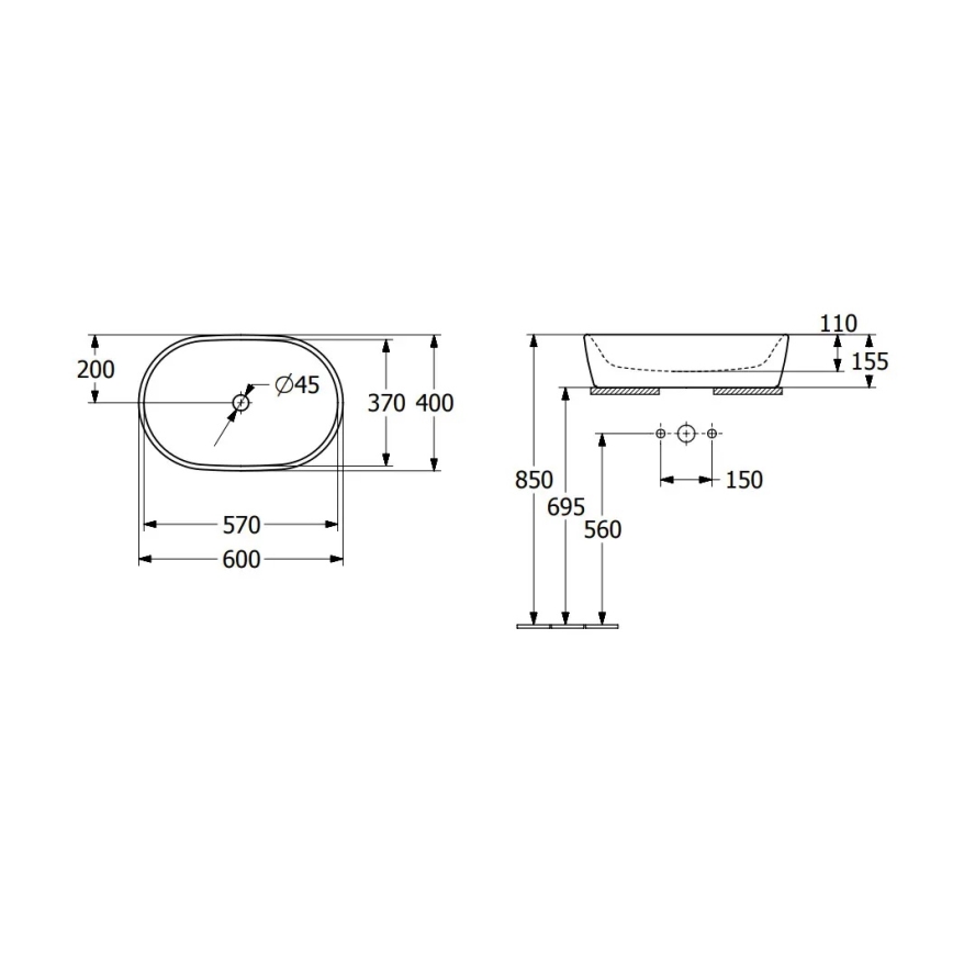 Villeroy & Boch 5A266001 - Tvättställ för bänkskiva ARCHITECTURA 60x40 cm keramik/vit