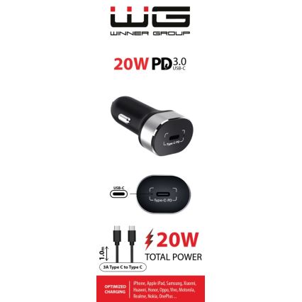 Winner Group - Billaddare 1xUSB-C Power Delivery 20W + USB-kabel USB-C / USB-C 1 m svart