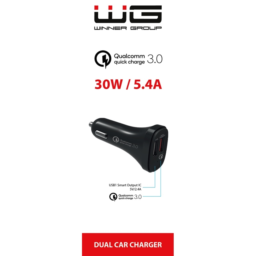 Winner Group - Billaddare för bil 2x USB-A med Power Delivery 30 W, svart