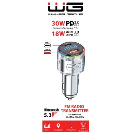 Winner Group - Billaddare med FM-sändare och handsfreefunktion, 20 W, silver