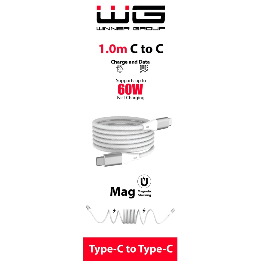 Winner Group - Magnetisk USB-kabel USB-C / USB-C 60W 1m vit
