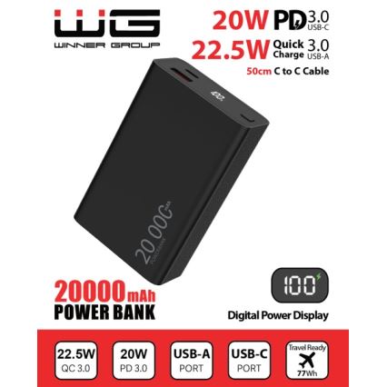 Winner Group - Power bank med display 20000 mAh 20W Power Delivery svart