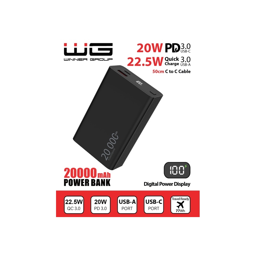 Winner Group - Power bank med display 20000 mAh 20W Power Delivery svart