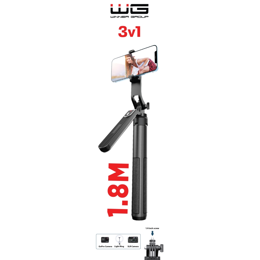Winner Group - Selfie pinne 3i1 med stativ 55 mAh 180 cm svart