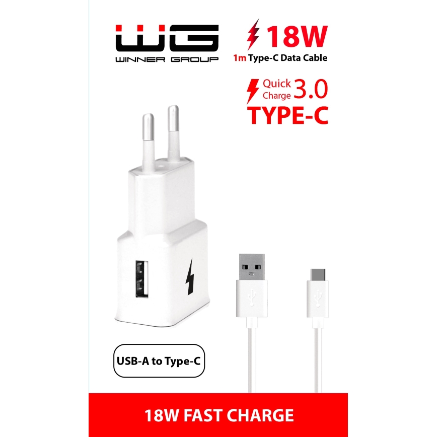Winner Group- Snabbladdningsadapter 1xUSB-A PD 18W + USB-kabel USB-C / USB-A 1m