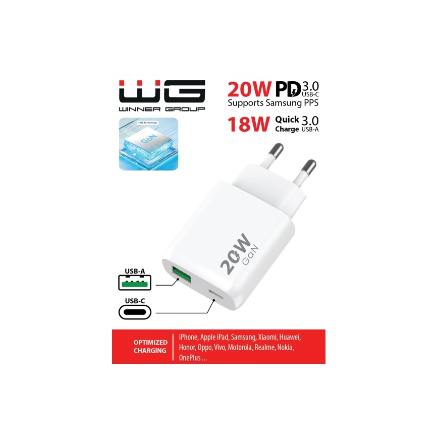 Winner Group - Snabbladdningsadapter 1xUSB-C + 1xUSB-A Power Delivery 20W vit