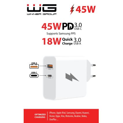 Winner Group - Snabbladdningsadapter 1xUSB-C + 1xUSB-A Power Delivery 45W vit