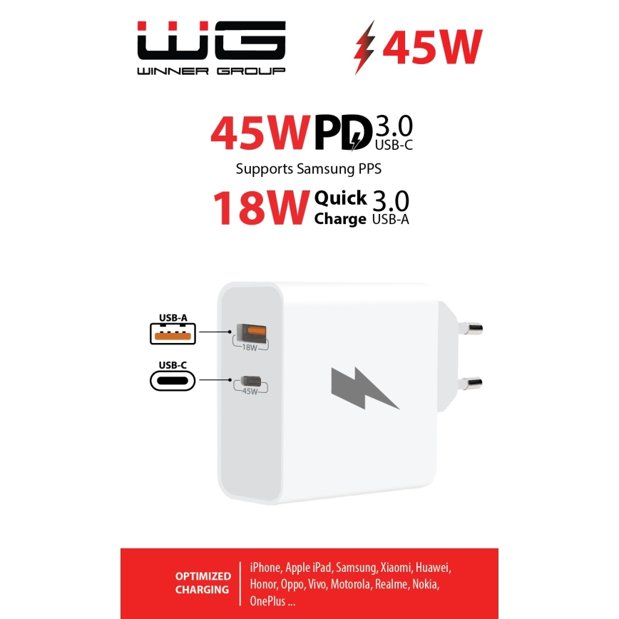 Winner Group - Snabbladdningsadapter 1xUSB-C + 1xUSB-A Power Delivery 45W vit
