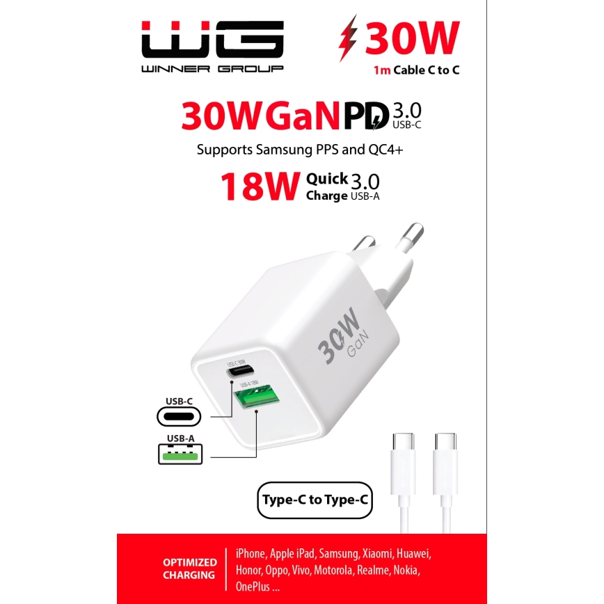 Winner Group - Snabbladdningsadapter 2xUSB PD 30W + USB-kabel USB-C / USB-C 1m