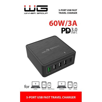Winner Group - Snabbladdningsadapter 5xUSB-C Power Delivery 60W svart