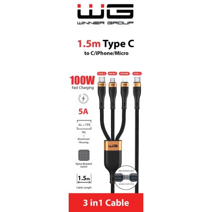 Winner Group -USB-kabel 3i1 USB-C / Lightning, USB-C och Micro USB 100W 1,5m svart