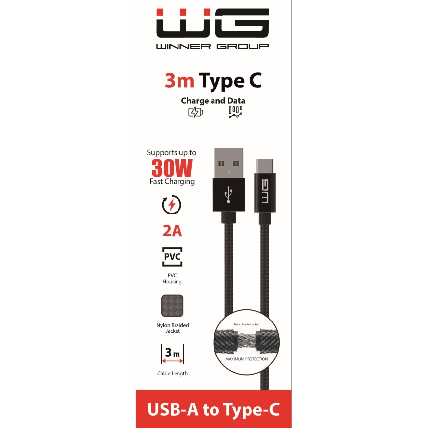Winner Group - USB-kabel USB-C / USB-A 30W 3 m svart