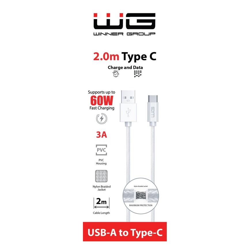 Winner Group - USB-kabel USB-C / USB-A 60W 2m vit