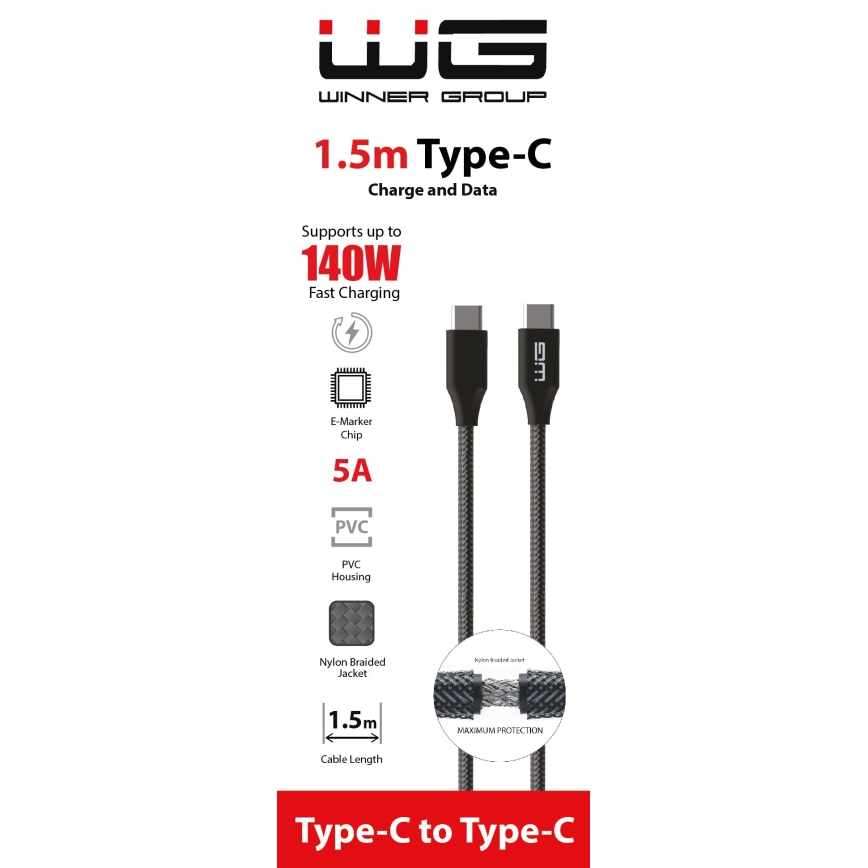 Winner Group - USB-kabel USB-C / USB-C 140W 1,5m svart