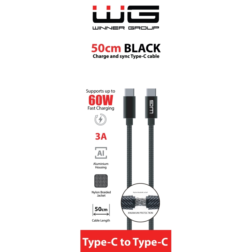 Winner Group - USB-kabel USB-C / USB-C 60W 50cm svart