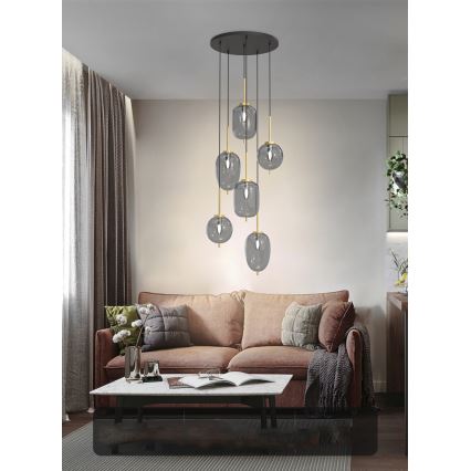 Wofi 5007-502 - Ljuskrona med textilsladd BELLEVILLE 6xE14/40W/230V svart/guld