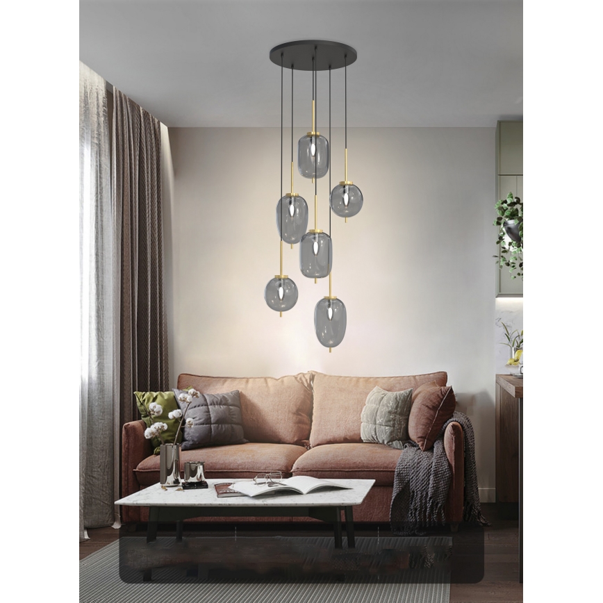 Wofi 5007-502 - Ljuskrona med textilsladd BELLEVILLE 6xE14/40W/230V svart/guld