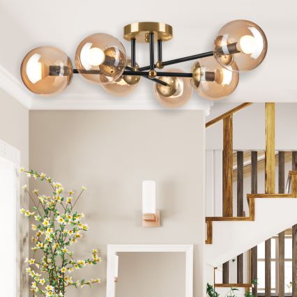 Ytmonterad ljuskrona MALENA 6xE14/5W/230V guld/svart/rökig beige