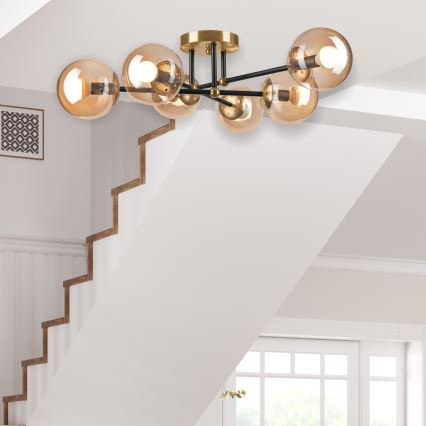 Ytmonterad ljuskrona MALENA 6xE14/5W/230V guld/svart/rökig beige