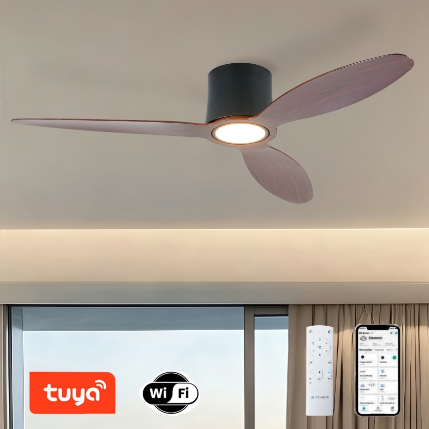ZEVENTI - LED-dimbar takfläkt VENTORA LED/24W/230V 3000/4000/6000K Wi-Fi Tuya svart/valnöt + fjärrkontroll