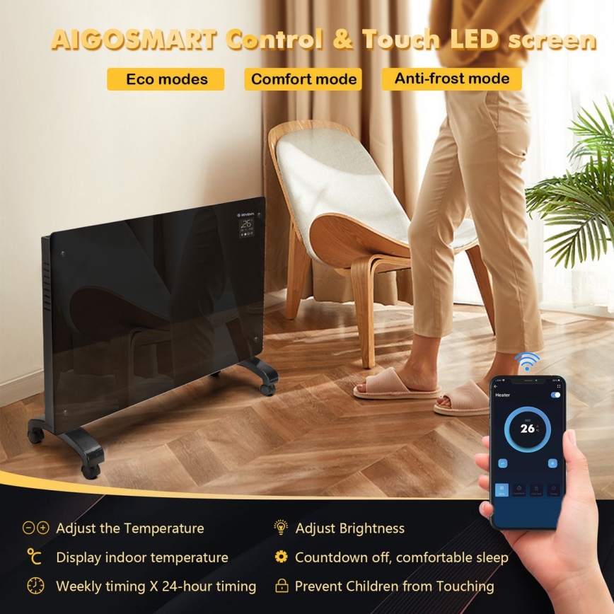 ZEVENTI - Smart väggmonterad elektrisk direktvärmare/konvektor med LCD-display 1000/2000W/230V Wi-Fi svart