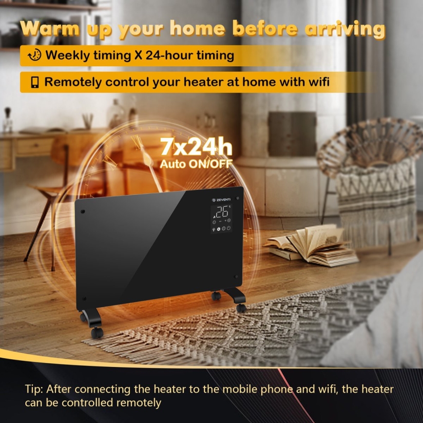 ZEVENTI - Smart väggmonterad elektrisk direktvärmare/konvektor med LCD-display 1000/2000W/230V Wi-Fi svart
