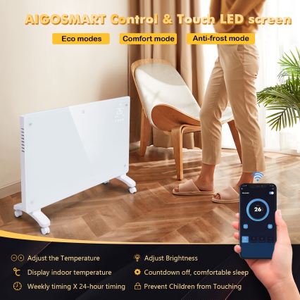 ZEVENTI - Smart väggmonterad elektrisk direktverkande värmare/konvektor med LCD-display 1000/2000W/230V Wi-Fi vit